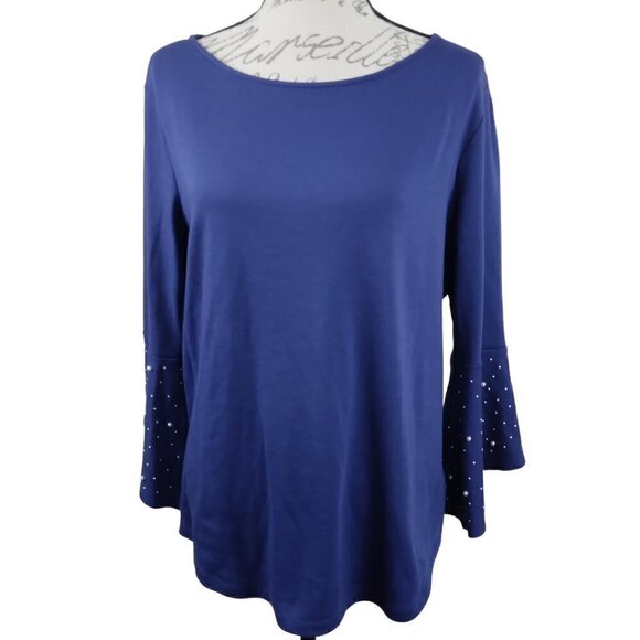 Quacker Factory | Cotton Knit  Bell Sleeve Pearl Trim Pull On Top Blue | Size L - Picture 1 of 9